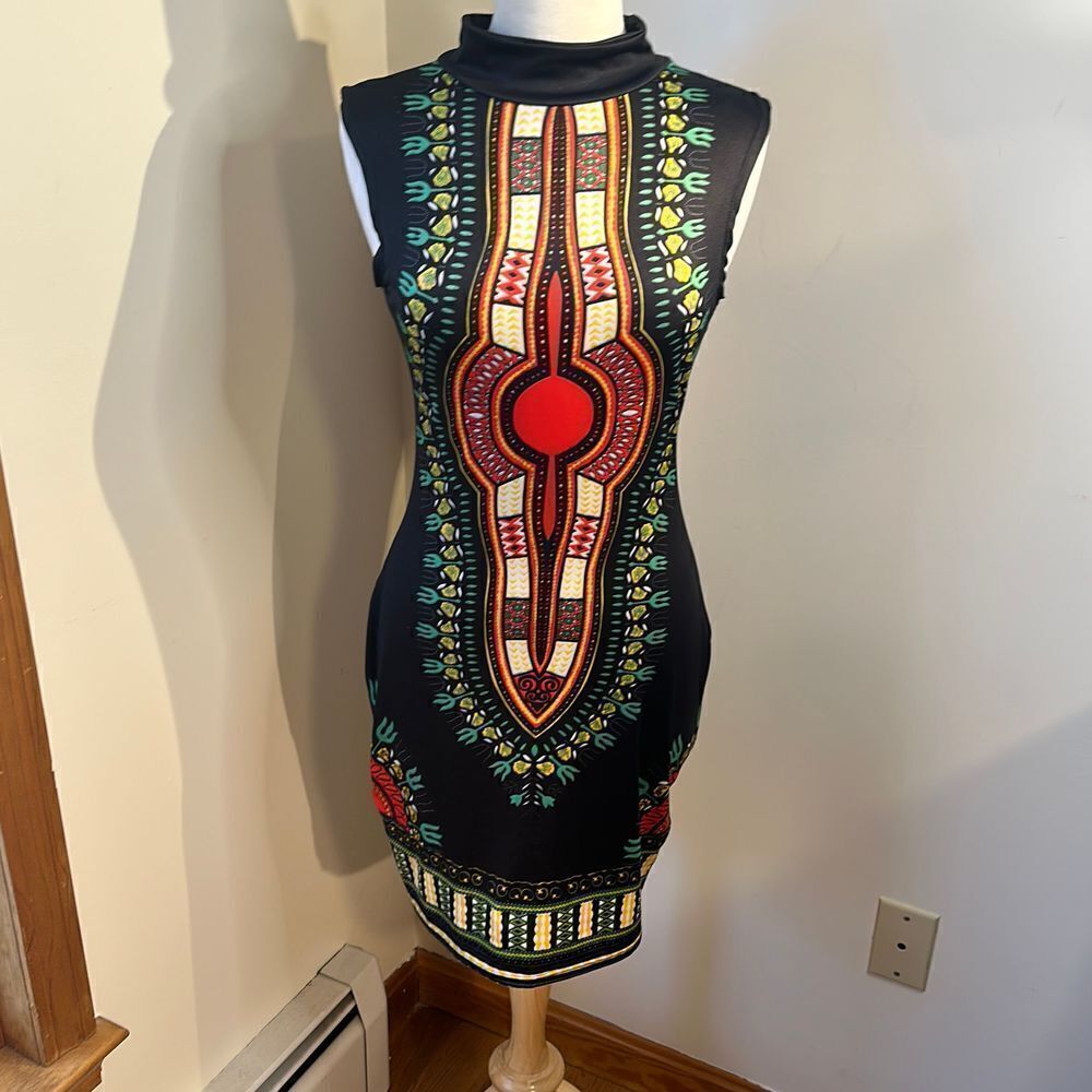 Fun bodycon colorful dress mock collar fits like a medium - Picture 7 of 11
